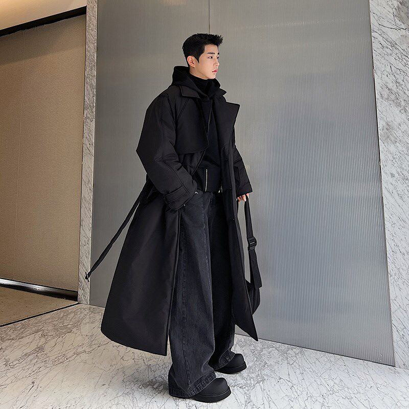 冬装加厚廓形长款过膝棉服男腰带设计感小众暗黑山本大衣棉袄外套
