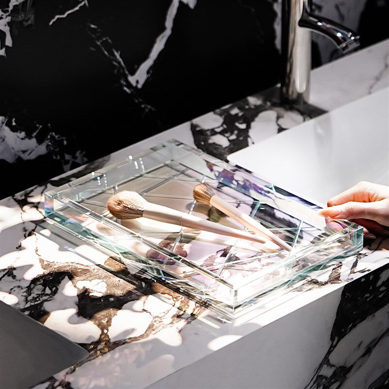 卫生间台面置物架刻线水晶玻璃托盘洗漱杯架化妆品护肤品收纳底座