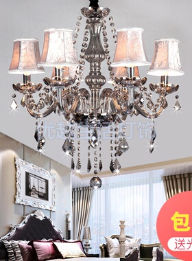 烟灰色欧式蜡烛吊灯带帽烟灰色水晶吊灯带罩6头到24头客厅餐厅