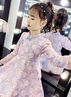 女童春装连衣裙2021新款汉服秋季洋气大儿童时尚网红旗袍蕾丝裙子
