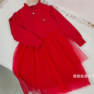 110-150新款纯棉儿童木耳领中国风纱裙连衣裙红色女童新年毛衣裙