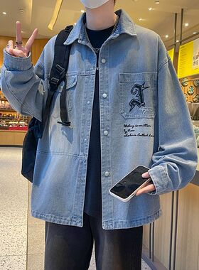 青少年春秋款牛仔衬衫12岁男孩初中学生13帅气外套15大童男装衬衣