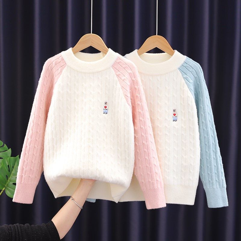 女童毛衣一体绒秋冬新款加绒加厚女大童打底衫时尚绣花保暖针织衫