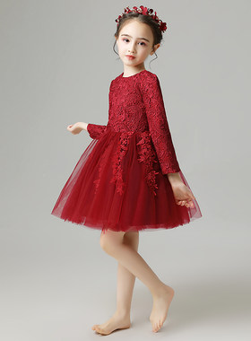 儿童晚礼服长袖女童公主裙小孩婚纱蓬蓬花童生日演出服加绒厚冬秋