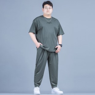夏季2025大码男裤加肥加大速干短袖冰丝套装搭配帅气休闲潮流男装
