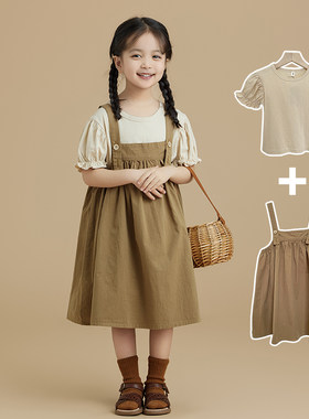 女童背带裙套装童装女孩洋气两件套裙子儿童森系中童夏装棉连衣裙