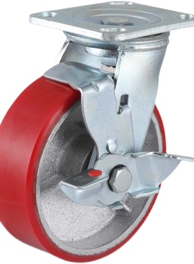 5寸红色重型铁芯PU聚氨酯脚轮4B寸6寸8寸万向轮静音轮边刹脚轮推