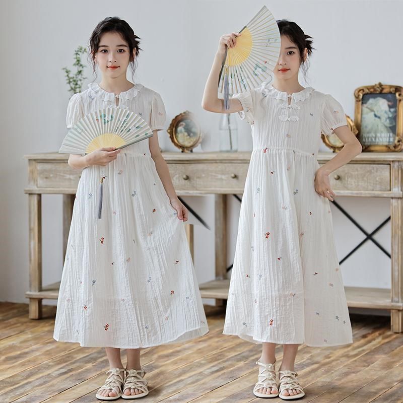 女童连衣裙夏装中国风公主裙初中生新中式女大童刺绣改良版旗袍裙
