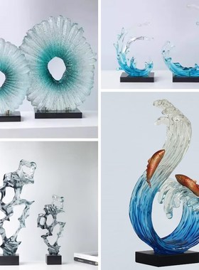 现代简约透明艺术雕塑蓝色浪花太湖石摆件酒店大堂玄关招财装饰品