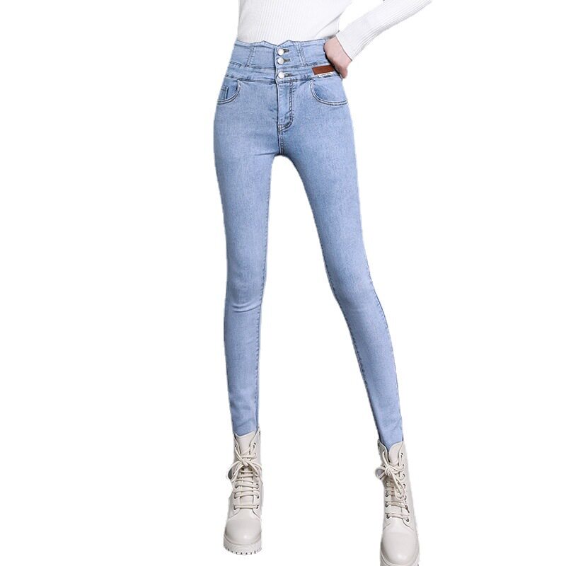 2026春秋冬新款 浅色高腰小脚牛仔裤女 修身显瘦弹力紧身铅笔长裤
