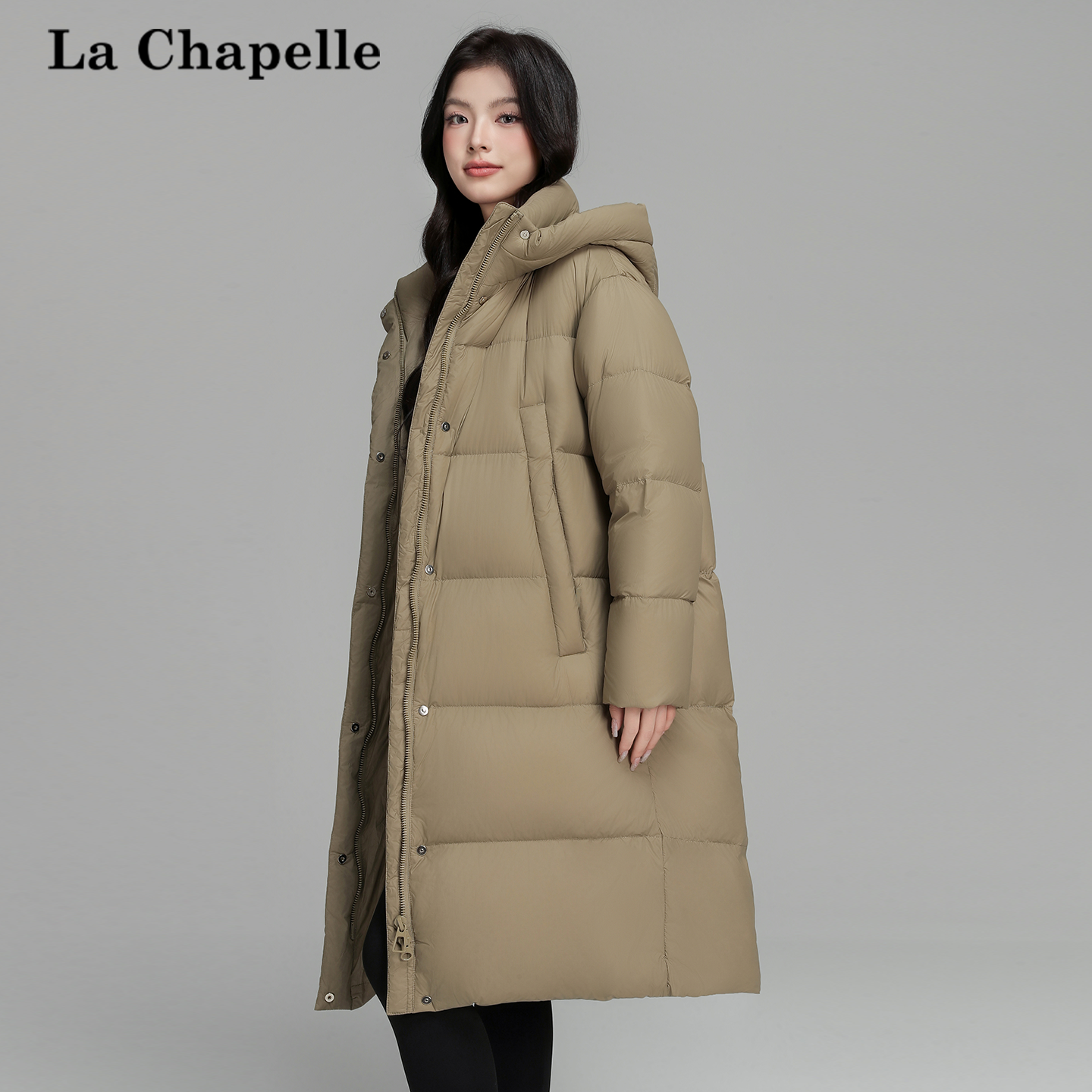 拉夏贝尔羽绒服女中长款新款冬季连帽立领时尚百搭保暖厚休闲外套