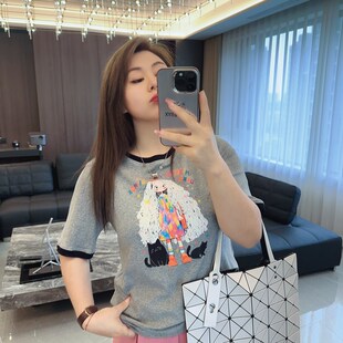 胖mm新款 女装 2024年夏装 短袖 可爱洋娃娃 舒适圆领撞色t恤半袖 大码