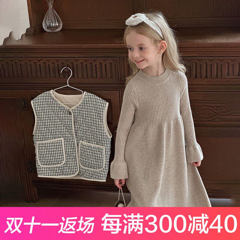 秋冬女童甜美荷叶边毛衣裙儿童女宝宝纯色毛线连衣裙内搭针织裙潮