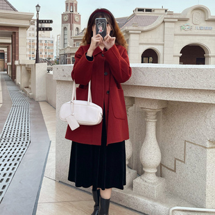 2023系带呢子大衣高级感红色小个子秋冬装搭配显高毛呢外套女短款