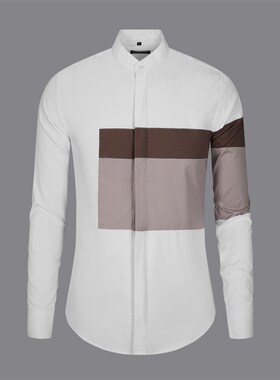 小众极简设计感白衬衫男修身商务休闲小清新立领灰色拼接衬衣潮牌