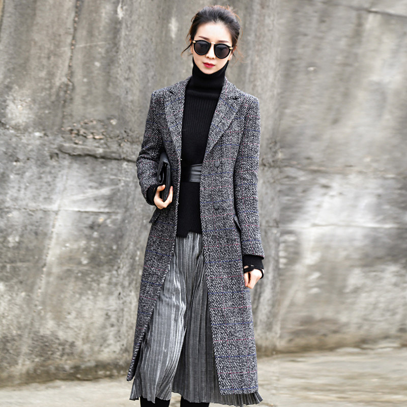 大衣女2021秋冬新款毛呢格子外套女中长款修身显瘦过膝高级感大衣