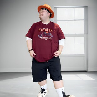 特大码男装t恤短袖纯棉枣红色加肥加大300斤黑色短袖上衣打底衫8X