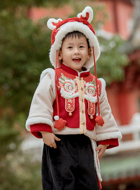 汉服男童冬款拜年服套装儿童中国风唐装男宝红色龙年新年装过年服