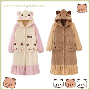 一二布布睡衣可爱一二布布情侣睡衣女秋冬季外穿加厚睡袍男长款套