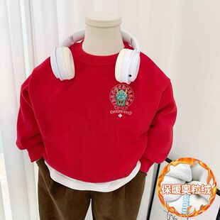 过年拜年服上衣冬季国风2024新款男童女童龙年红色儿童卫衣新年装