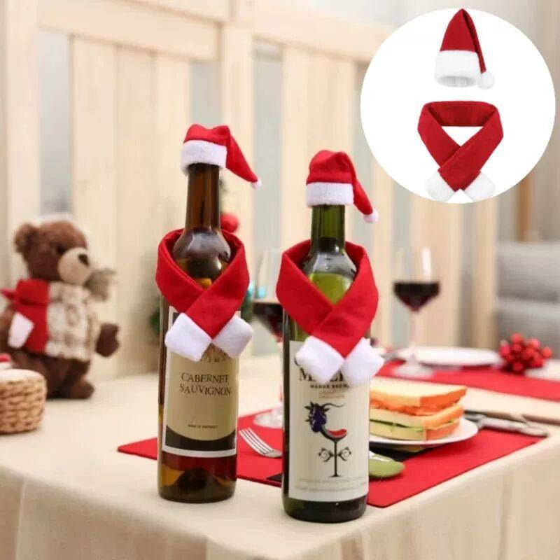 Red wine bottle decorations Christmas scarves and hats Chris