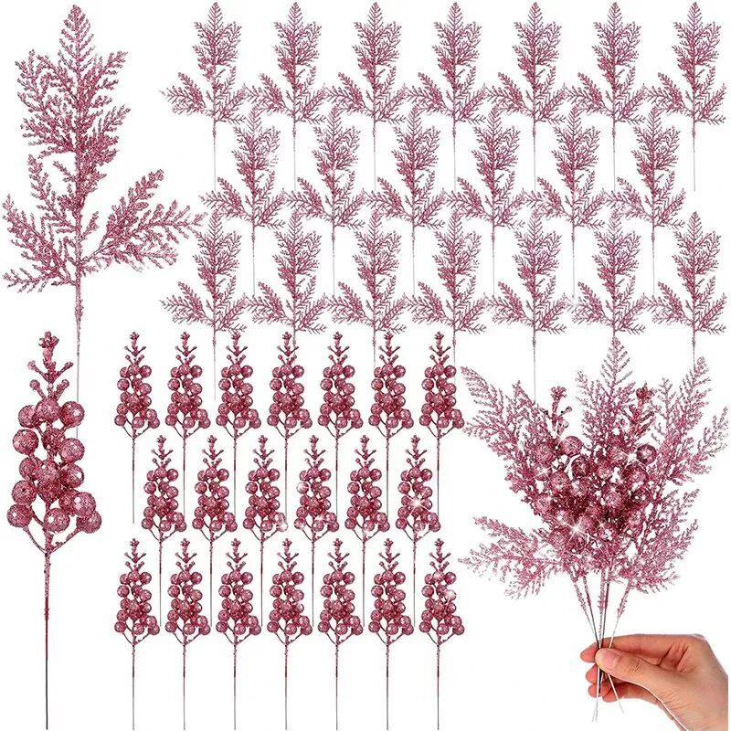 26cm Pink Christmas Glitter Artificial Berry Stalk Pine Need
