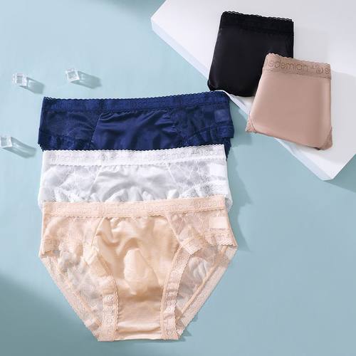 轻奢绸面男士冰丝内裤性感软蕾丝3D立体凸囊单层半透明三角裤衩in