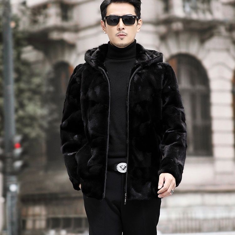 水貂拼貂皮大衣真貂皮草外套短款水貂一体拉链款男装真貂