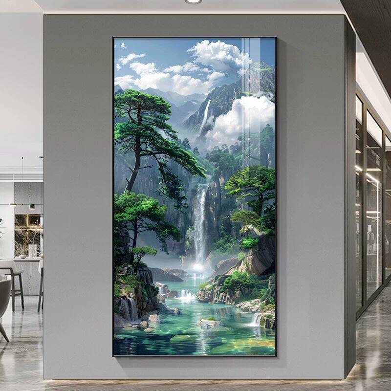 生财装饰画过玄关流水入户正对门道风景画走廊挂画源远流长山水画