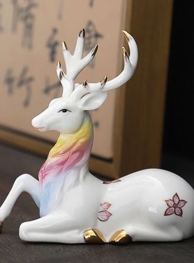 陶瓷加彩鹿摆件创意装饰品工艺礼品梅花小鹿一路平安汽车车载摆设