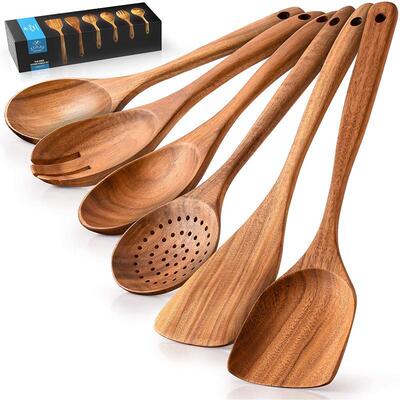 6 Piece Wooden Utensil Set Teak Wood Spoons