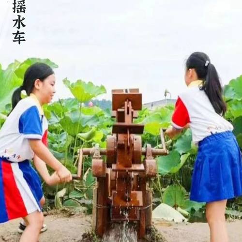 定制仿古链条脚踩防腐木水车户外手摇脚踏老式木龙骨真实提水翻车