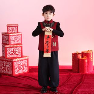 男童新中式马甲汉服套装2025冬新年元旦过年拜年服红色演出服