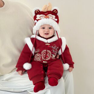 拜冬年服喜庆风幼童婴儿冬季拜年服连体衣宝宝夹棉加厚爬服百天周