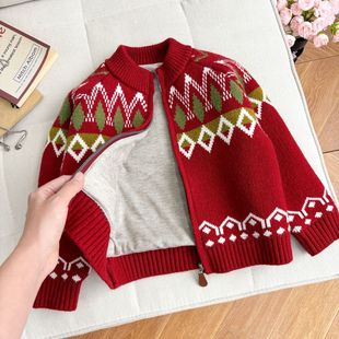 男女童拜年服费尔岛提花毛衣马年拜年服红色拉涟开衫针织外套毛衣
