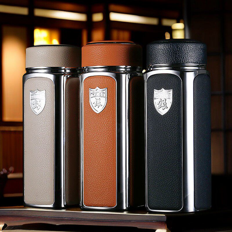新年新款高品质四方皮纹银杯银离子商务茶杯高档礼品送礼保温杯