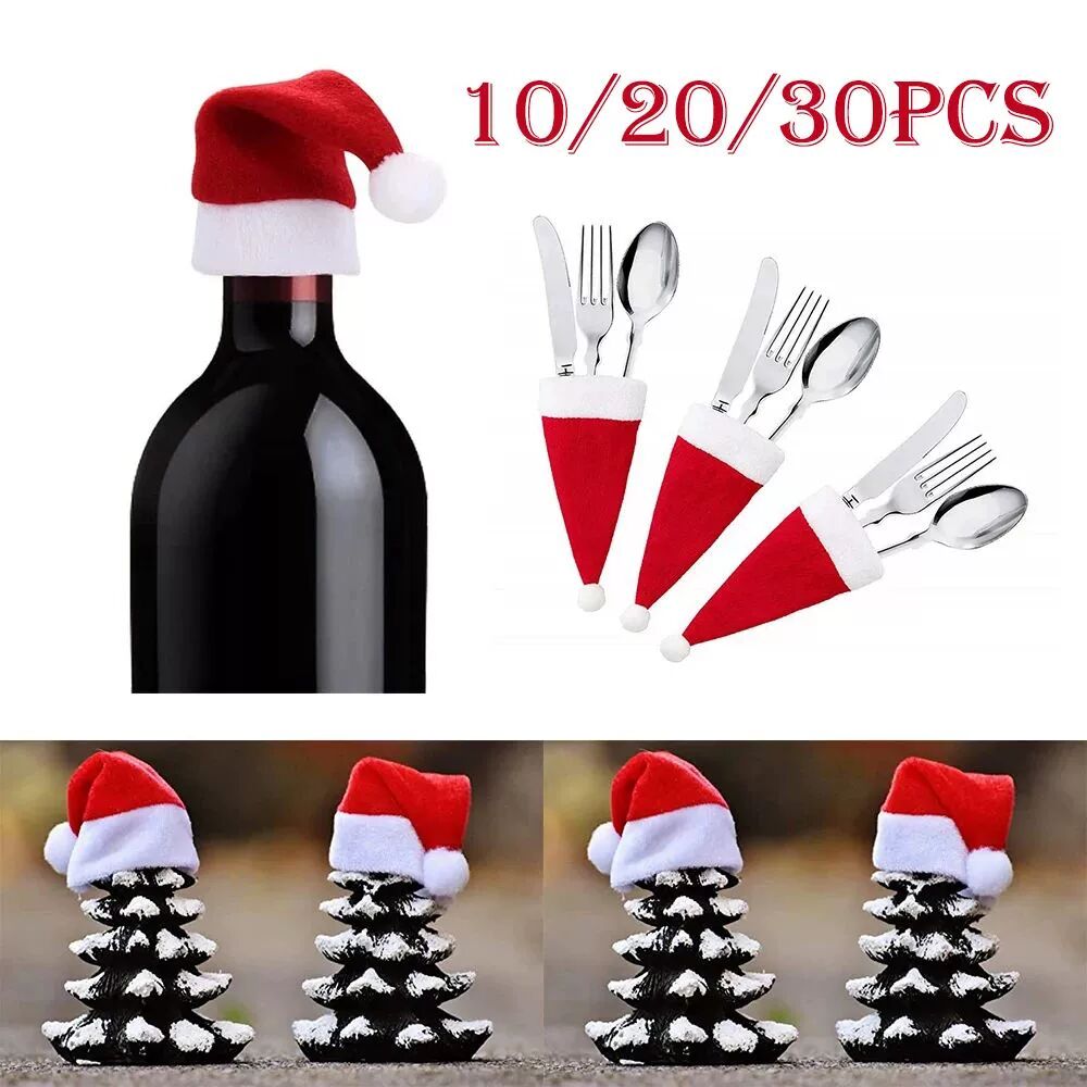 10/20/30pcs Mini Christmas Santa Hats Tableware Knife Fork W