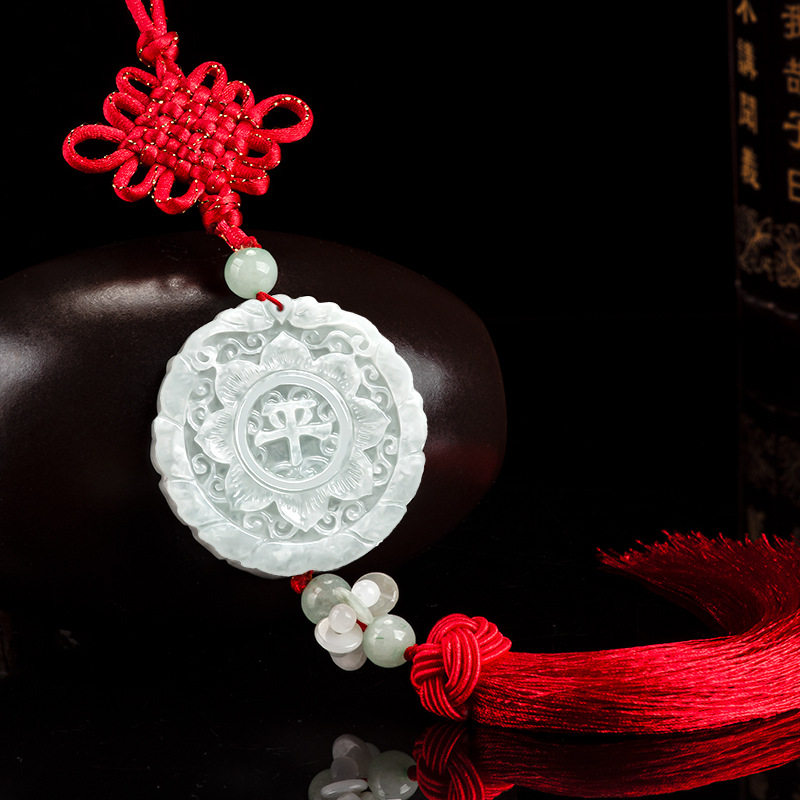 天然A货翡翠莲花平安高档汽车挂饰保平安中国结长流苏车内饰