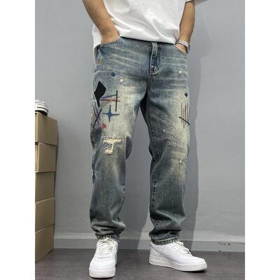 Washed Vintage Distressed Patchwork Embroidered for Men