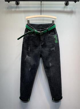 黑色抓纹撞色字母刺绣哈伦牛仔裤女韩版新款高腰弹力显瘦小脚裤潮