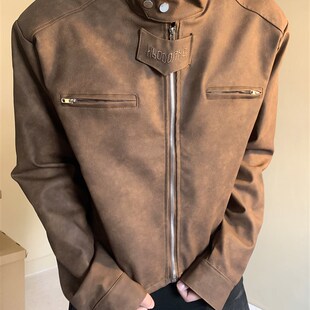 美式复古休闲做旧棕色机车皮衣外套男小众设计感短款垫肩立领夹克