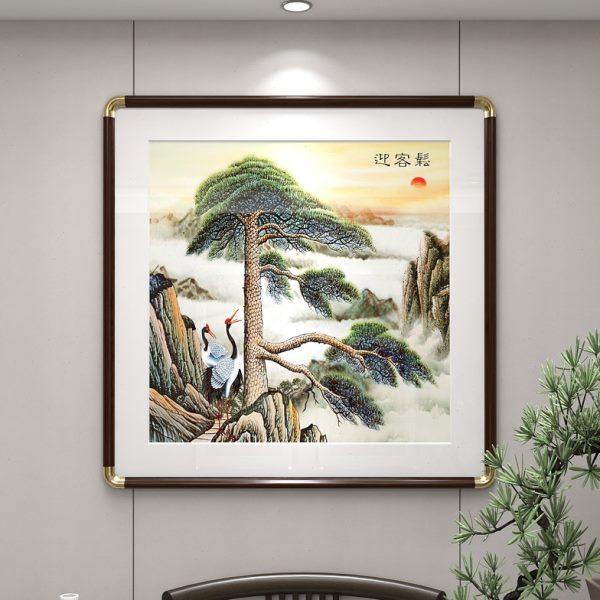 迎客松装饰画铜角框山水画靠山国画中式客厅背景墙壁画办公室挂画