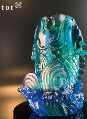 tittot琉园创意新中式琉璃工艺品鱼摆件 鱼跃成龙 笔筒办公室装饰