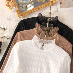 毛衣洋气小衫 紧身亮丝蕾丝袖 上衣 女内搭2020新款 半高领针织打底衫