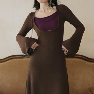 莫里公园 【这条裙子瘦爆了】假两件气质方领针织连衣裙 气质长裙