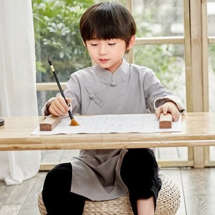 男童长款汉服棉麻长袍马褂武术表演长衫大褂小孩相声服唐装春秋款