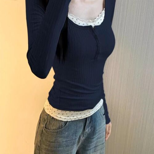 假两件内搭打底衫女秋新款碎花拼接长袖t恤掐腰修身正肩纯欲上衣