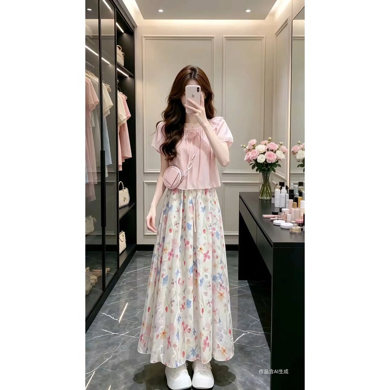2026新款方领荷叶边碎花半身裙