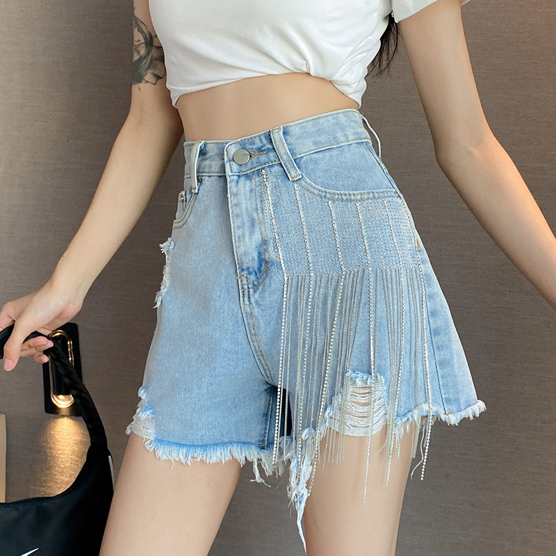夏季高腰显瘦阔腿水钻牛仔女裤