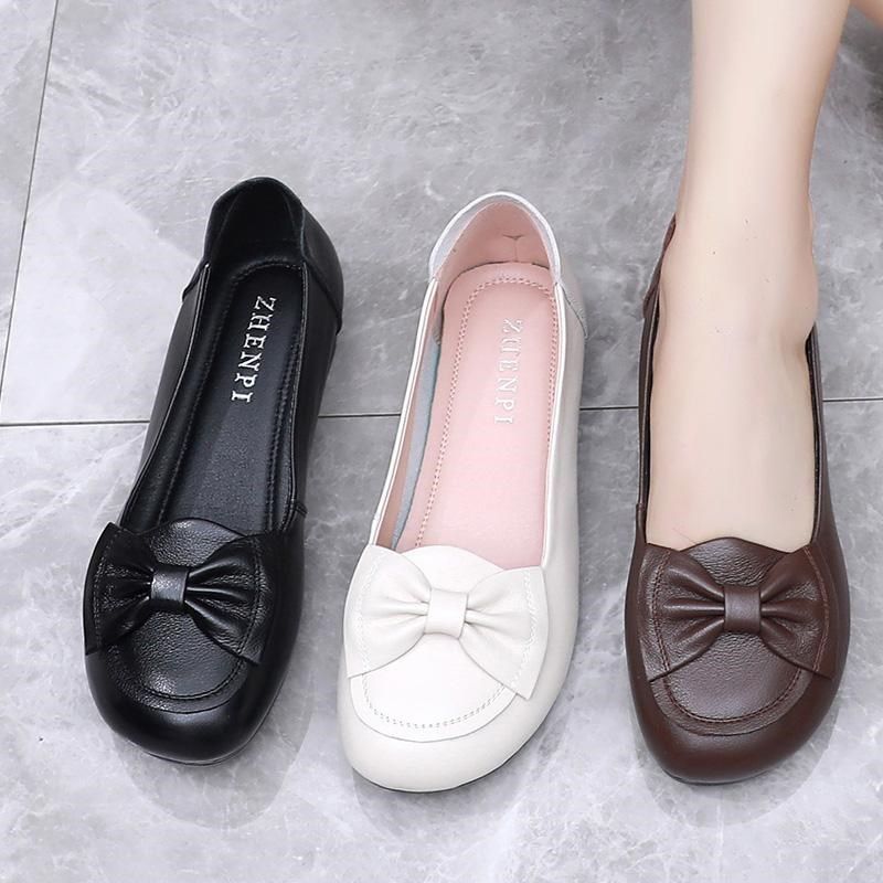 浅口单鞋女春秋平底软底妈妈鞋圆头中老年皮鞋舒适防滑真皮豆豆鞋,女鞋,浅口单鞋,淘宝优惠券,粉丝福利购,淘宝优惠卷